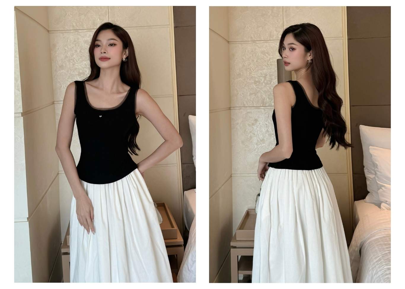 Người mẫu mặc Áo thun cổ vuông phối viền lưới - A3417 màu đen