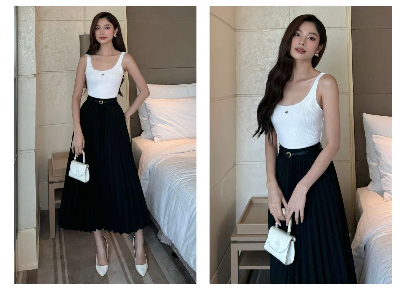 Người mẫu mặc Áo thun cổ vuông phối viền lưới - A3417 màu trắng