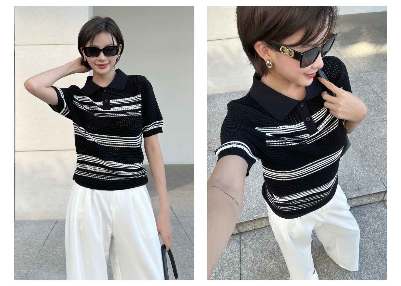 Người mẫu mặc Áo thun dệt kim sọc ngang - A3766 màu đen