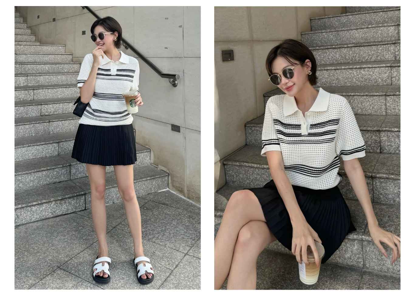 Người mẫu mặc Áo thun dệt kim sọc ngang - A3766 màu trắng