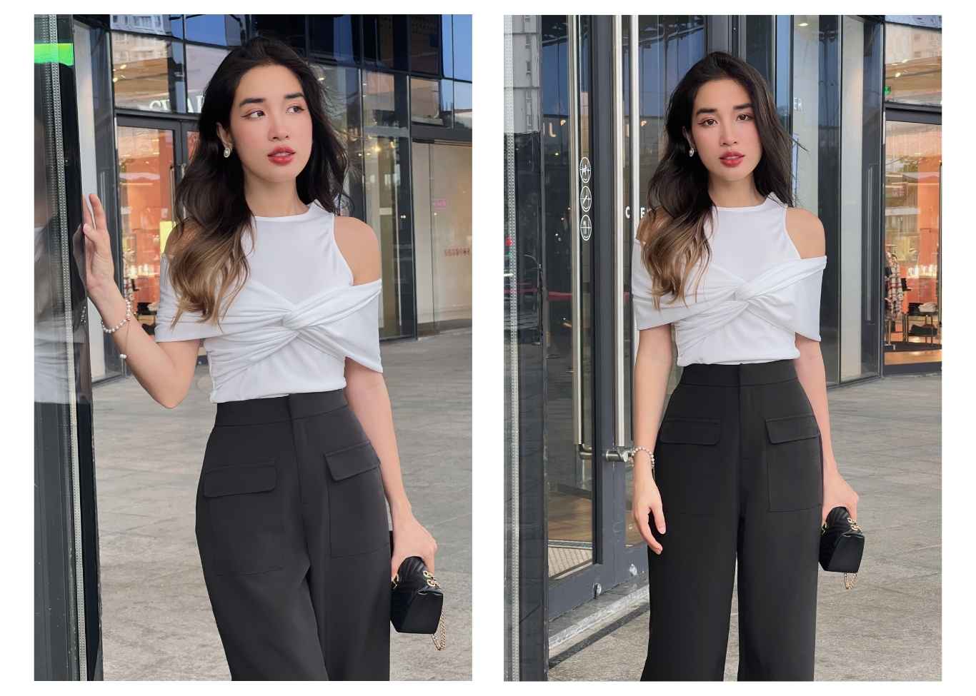 Người mẫu mặc Áo thun gân trễ vai xoắn ngực - A2227 màu trắng