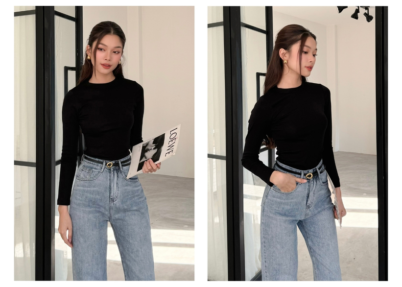 Người mẫu mặc Áo thun tay dài cổ tròn - A2197S màu đen