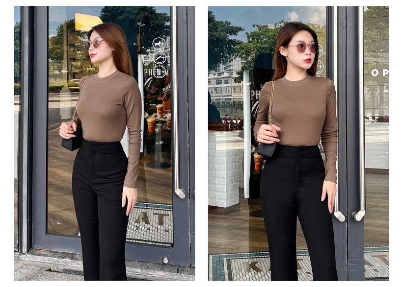 Người mẫu mặc Áo thun tay dài cổ tròn - A2197S màu nude