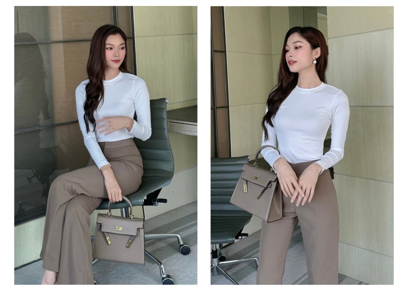 Người mẫu mặc Áo thun tay dài cổ tròn - A2197S màu trắng