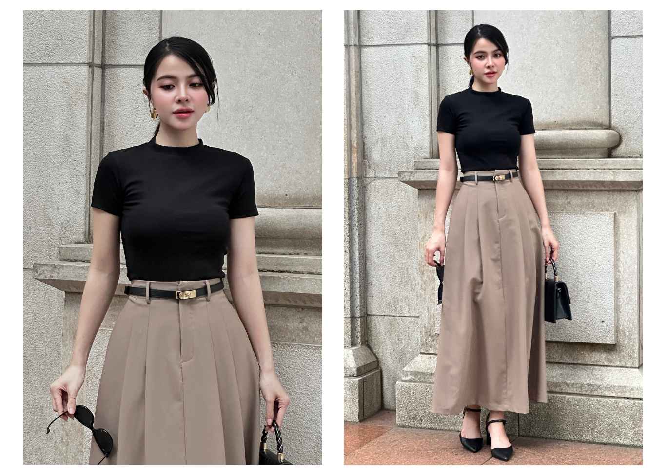 Người mẫu mặc Áo thun tay lở lai bầu - A2189S màu đen