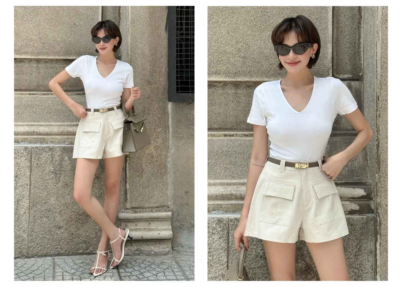 Người mẫu mặc Áo thun tay ngắn cổ tim basic - A3698 màu trắng