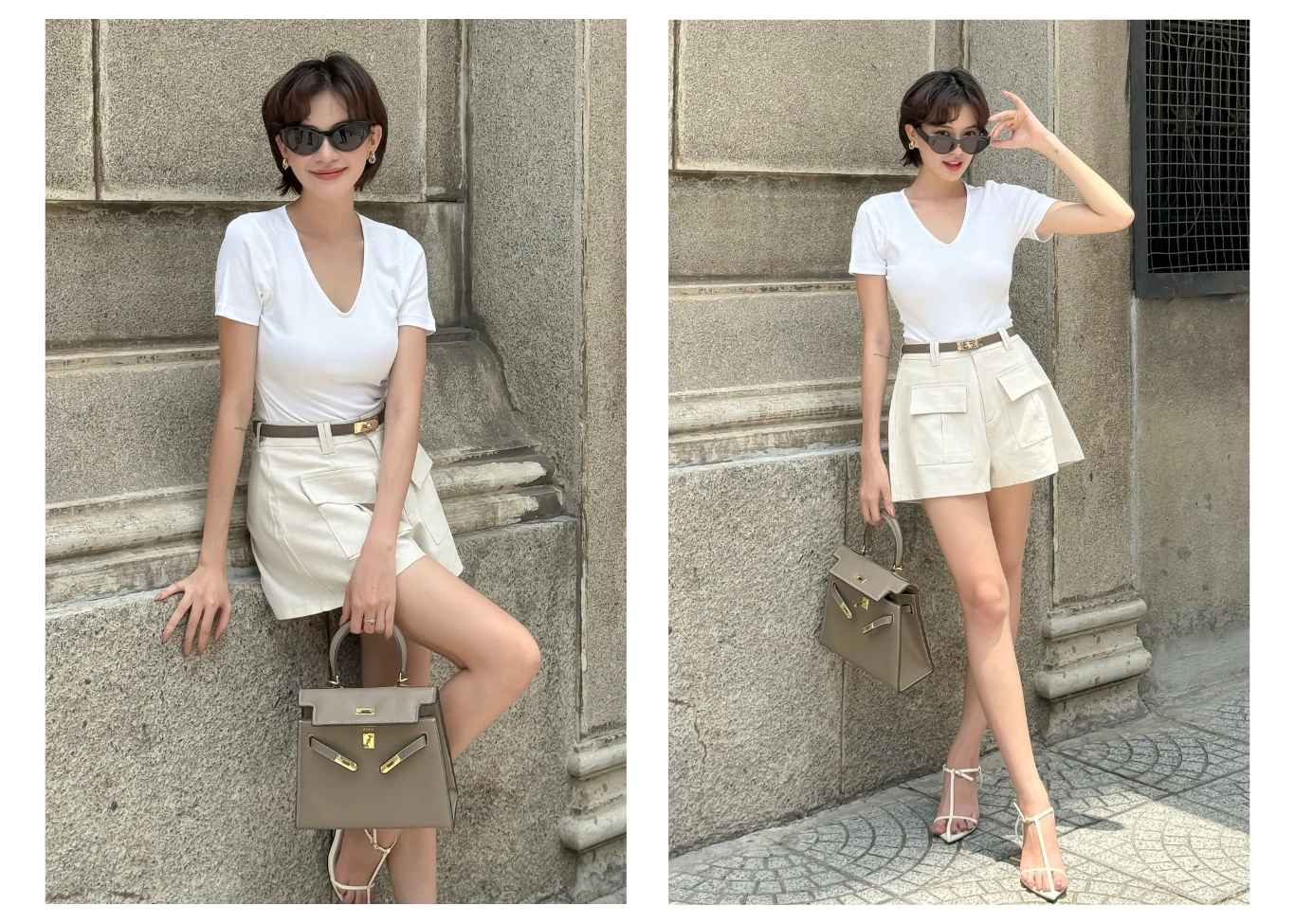 Người mẫu mặc Áo thun tay ngắn cổ tim basic - A3698 màu trắng