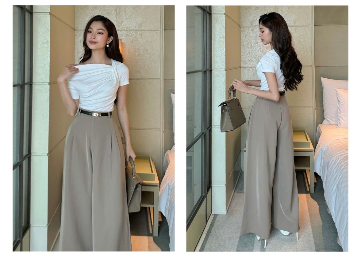 Người mẫu mặc Áo thun tay ngắn lệch vai - A2989 màu trắng