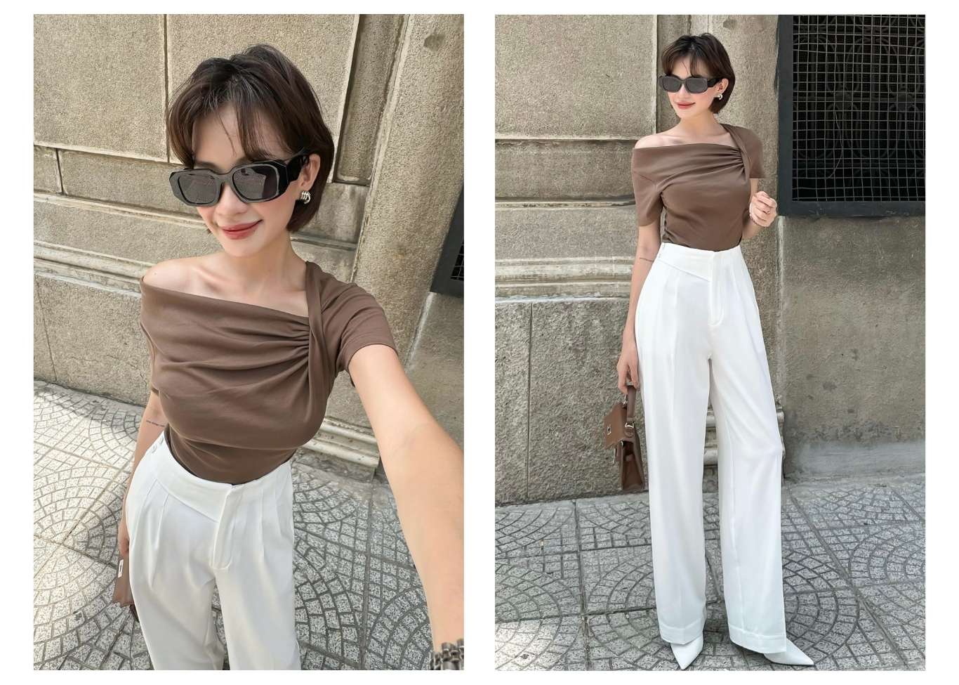 Người mẫu mặc Áo thun trễ vai xếp nhún - A2989 màu nâu