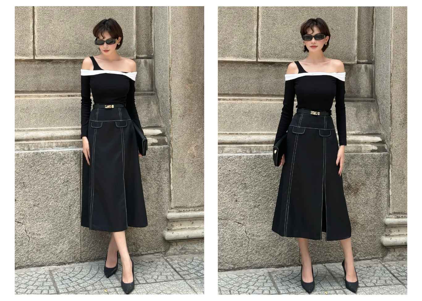 Người mẫu mặc Áo thun trễ vai xoắn phối trắng - A2582