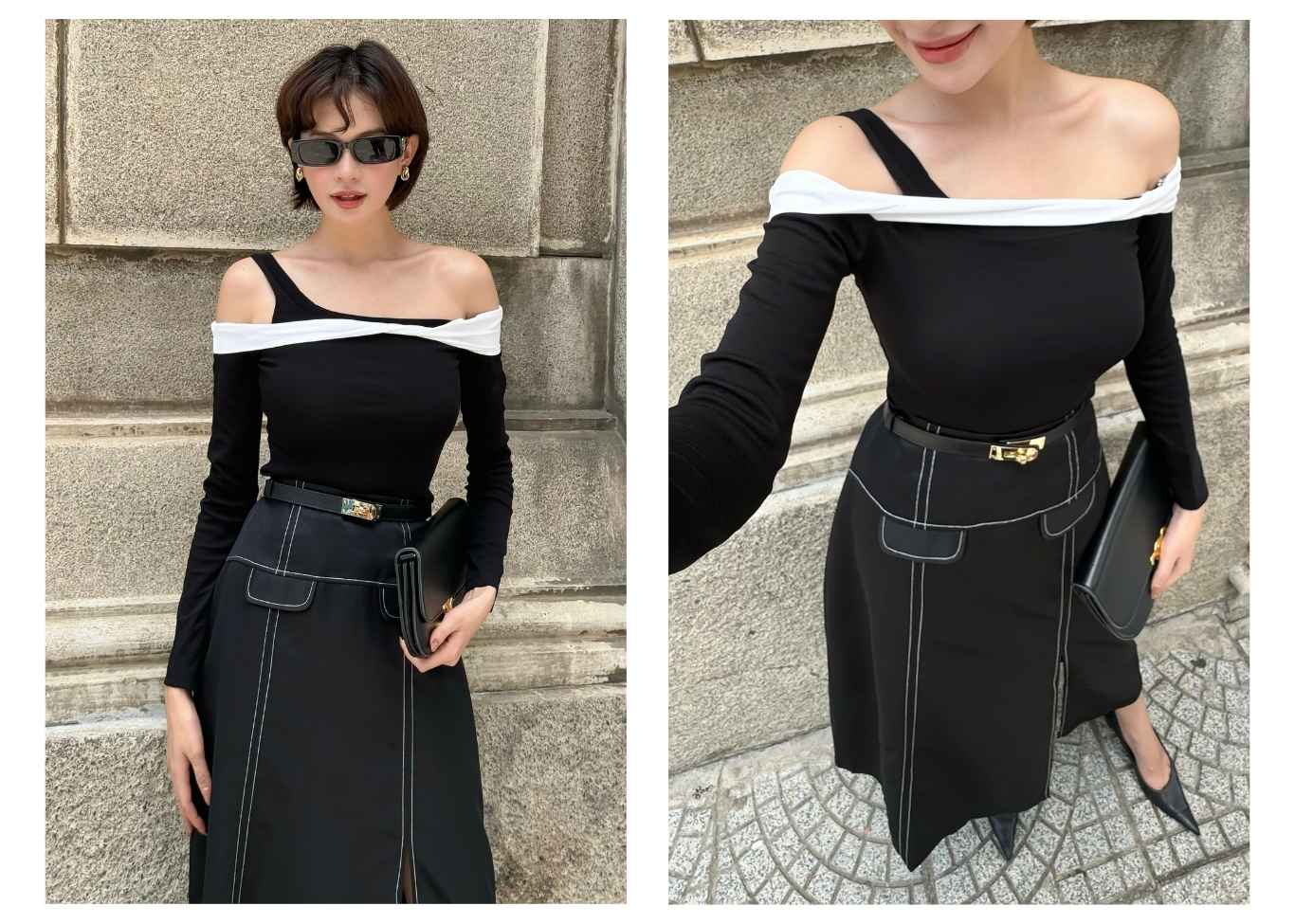 Người mẫu mặc Áo thun trễ vai xoắn phối trắng - A2582
