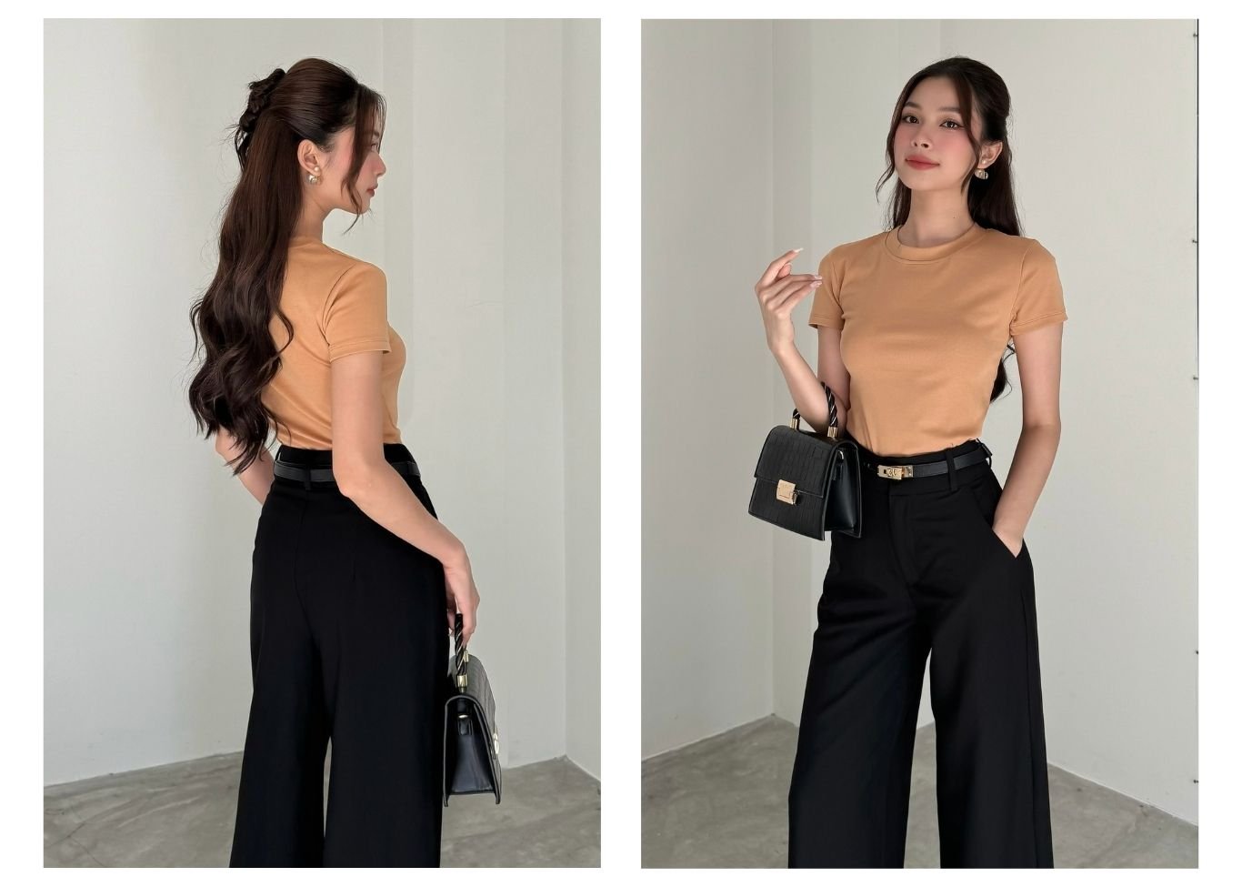 Người mẫu mặc Áo thun trơn tay ngắn cổ tròn - A3437 màu be cam