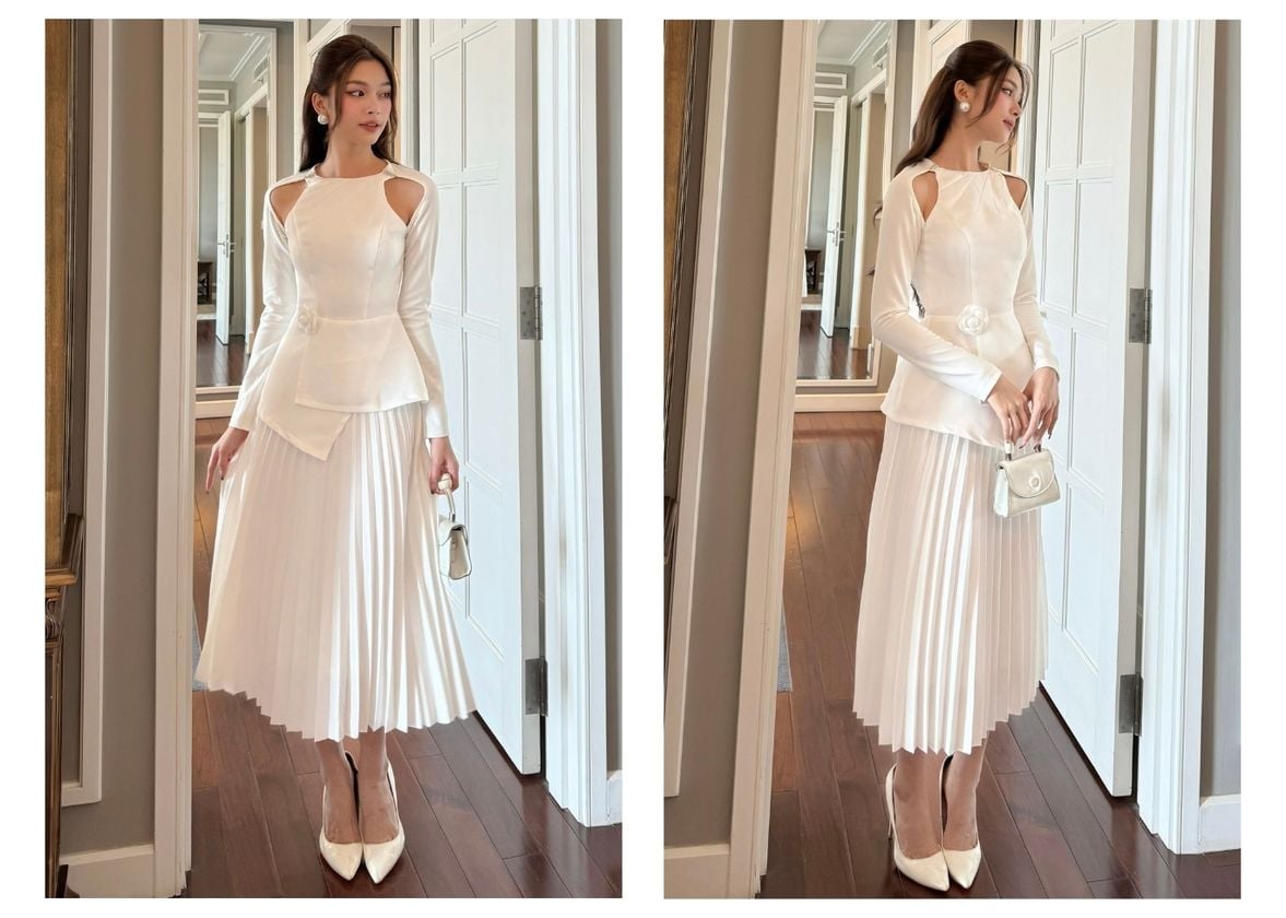 Người mẫu mặc Chân váy dài công sở xếp ly - TK266 màu trắng