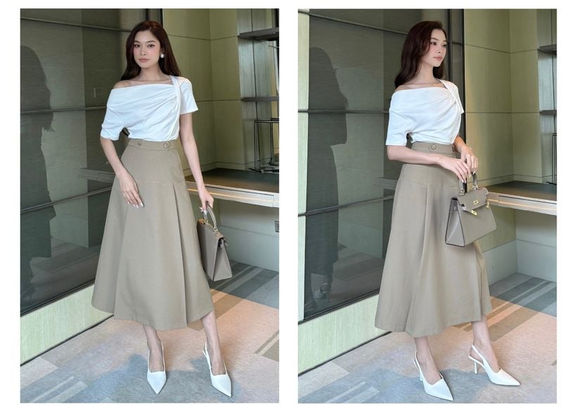 Người mẫu mặc Chân váy dài công sở xòe viền - V3544 màu nude