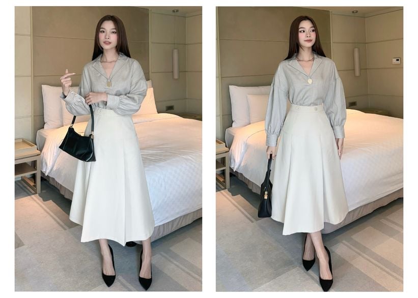 Người mẫu mặc Chân váy dài công sở xòe viền - V3544 màu trắng