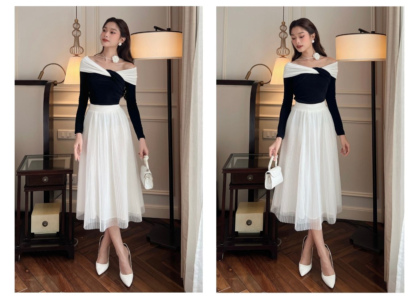 Người mẫu mặc Chân váy dài vải lưới dập ly - V1629 màu trắng
