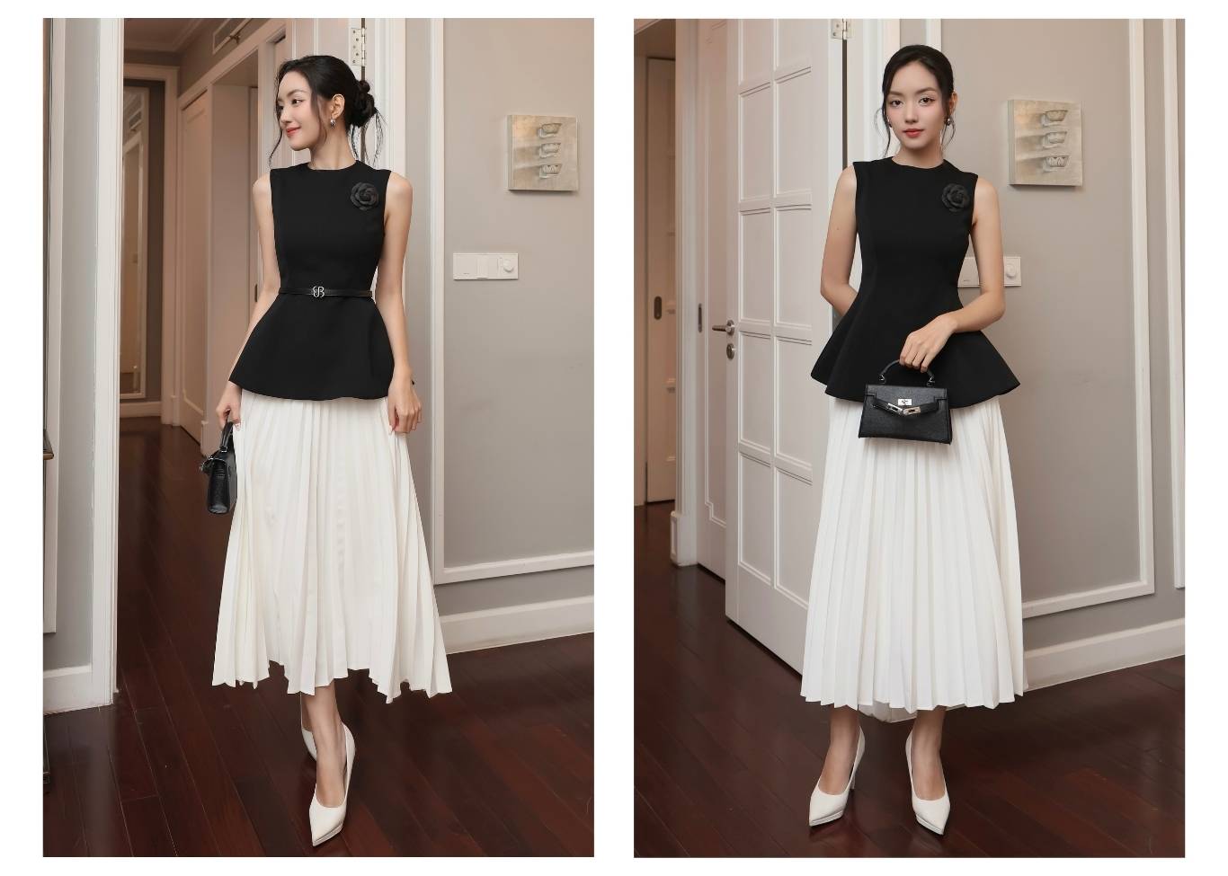 Người mẫu mặc Chân váy dài xếp ly có đỉa - V2662 màu trắng