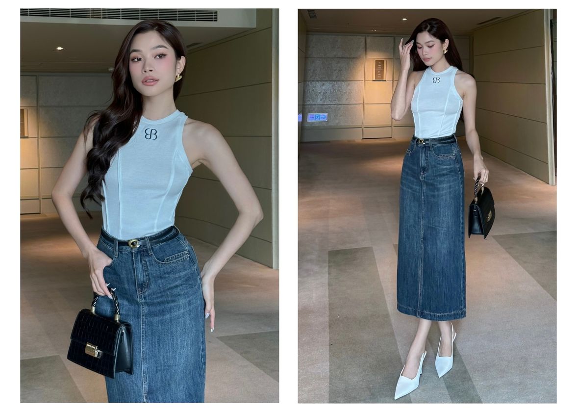 Người mẫu mặc Chân váy jean form dài xẻ trước - V3488