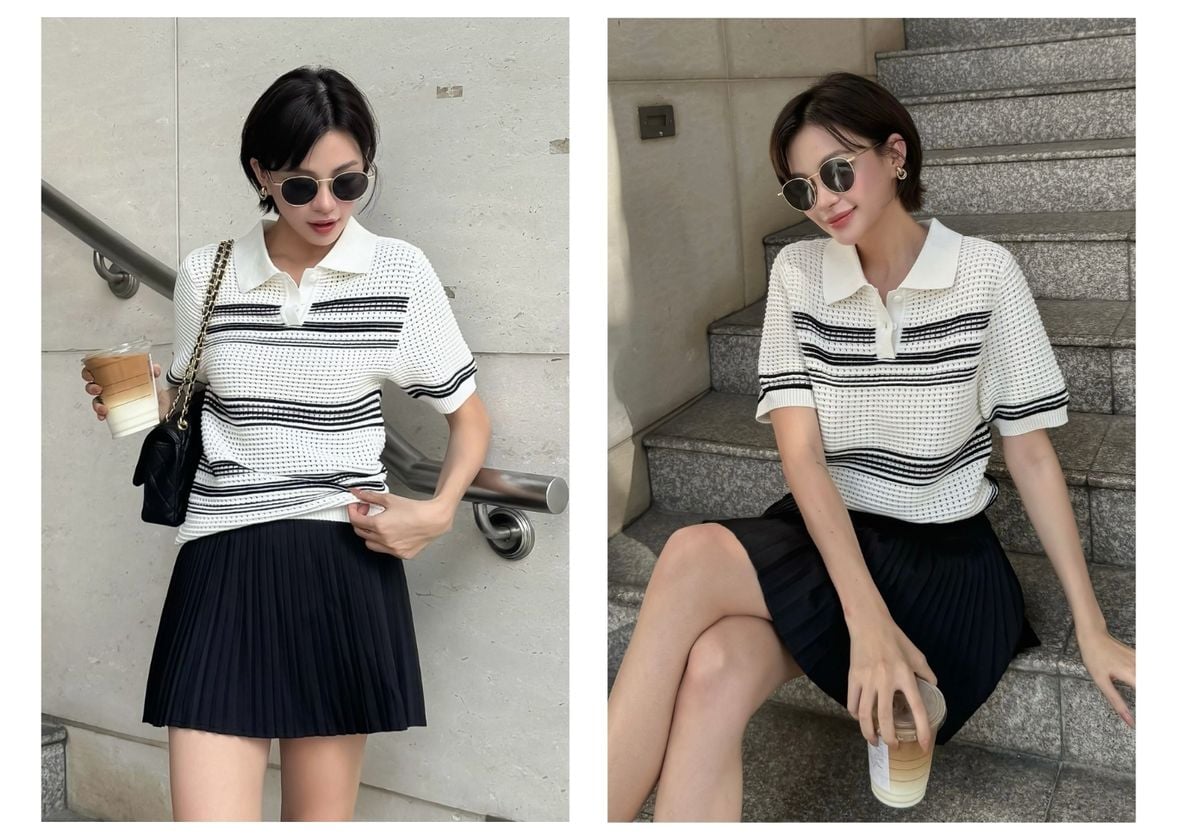 Người mẫu mặc Chân váy xếp ly lưng bảng - V3455