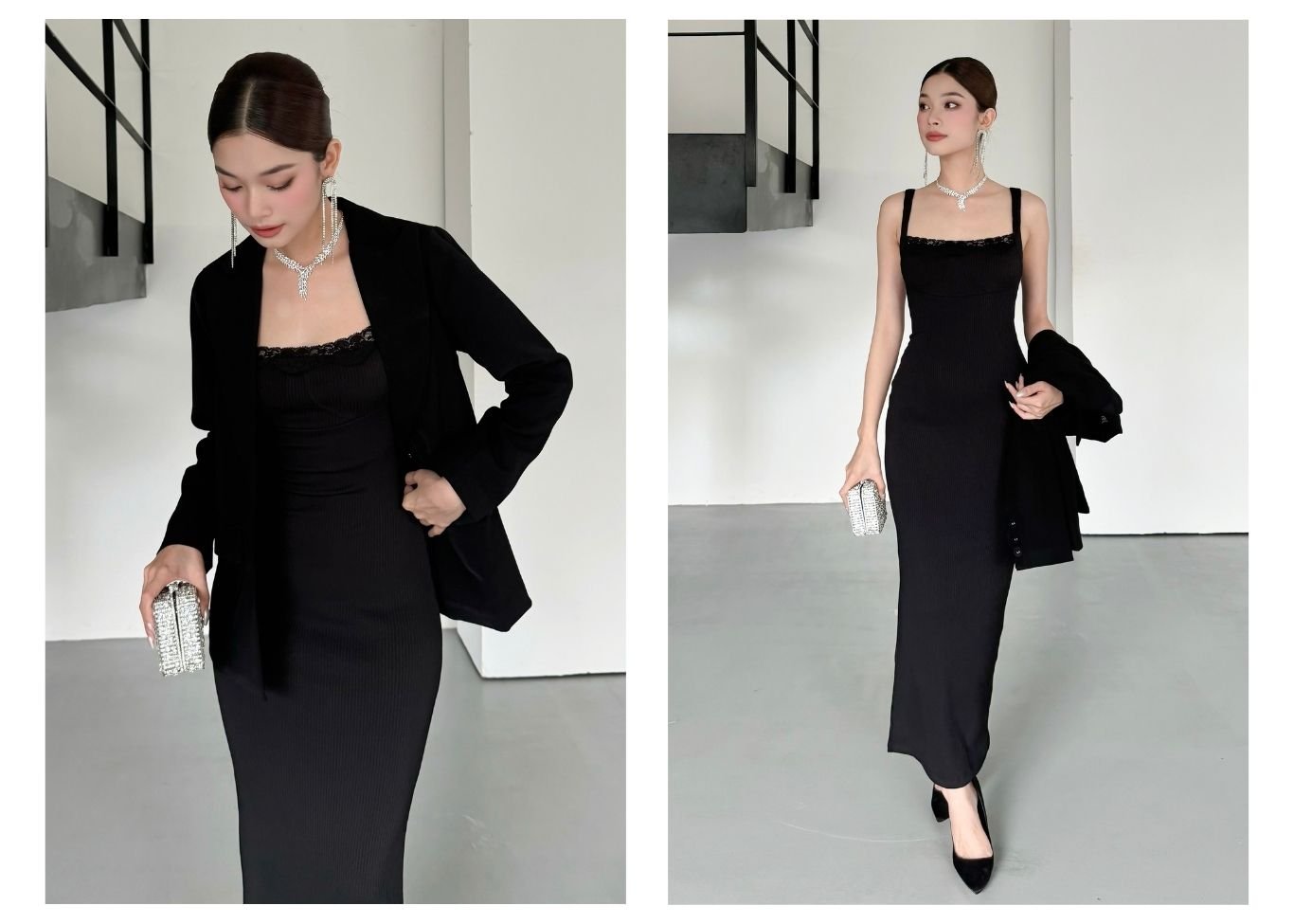 Người mẫu mặc Đầm body 2 dây phối ren ngực - D3737
