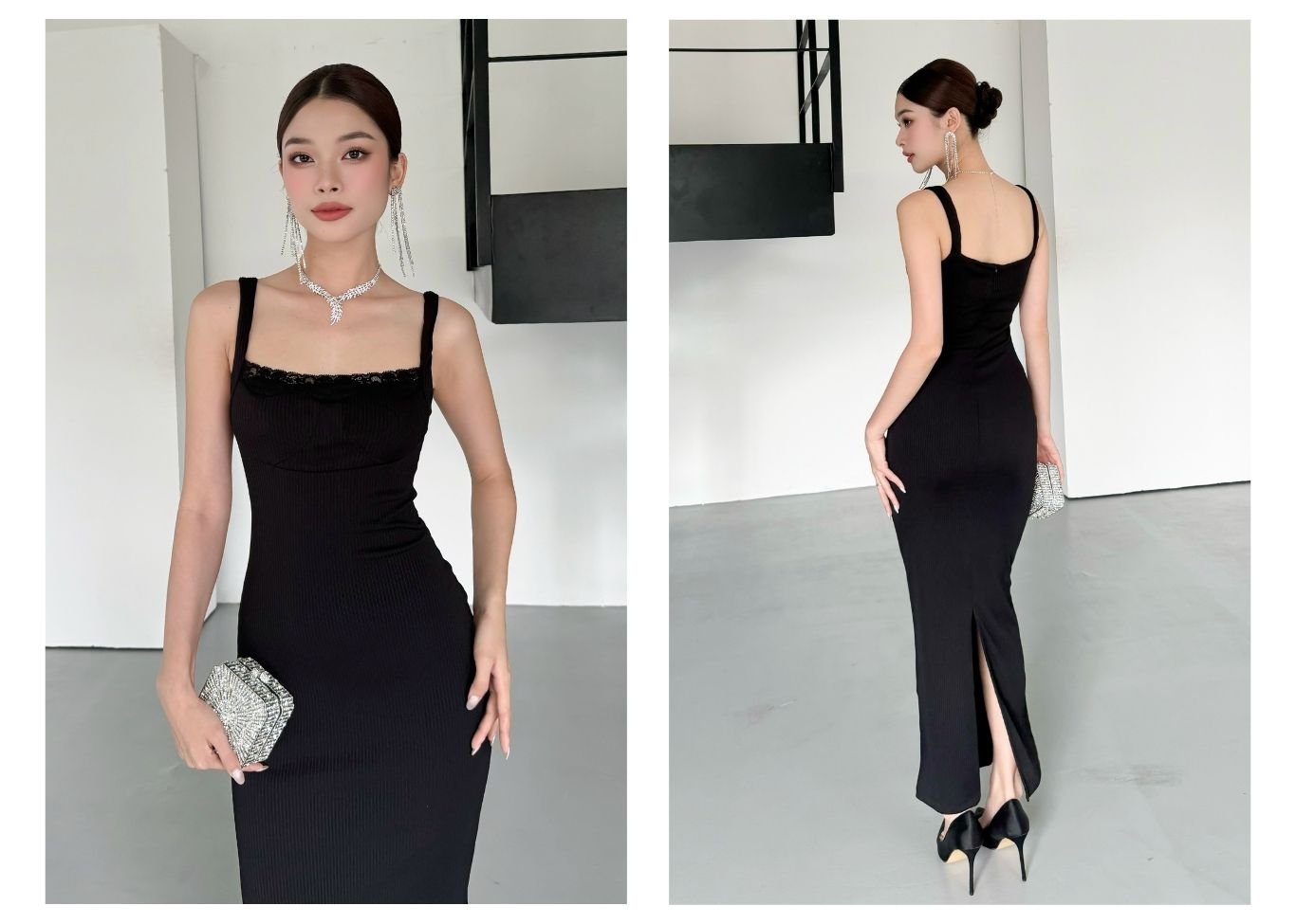 Người mẫu mặc Đầm body 2 dây phối ren ngực - D3737