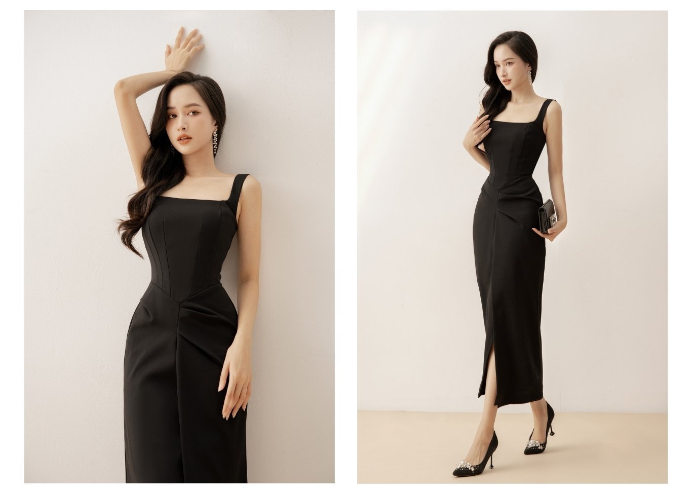 Người mẫu mặc Đầm body 2 dây xếp vải xẻ tà - D2169 màu đen