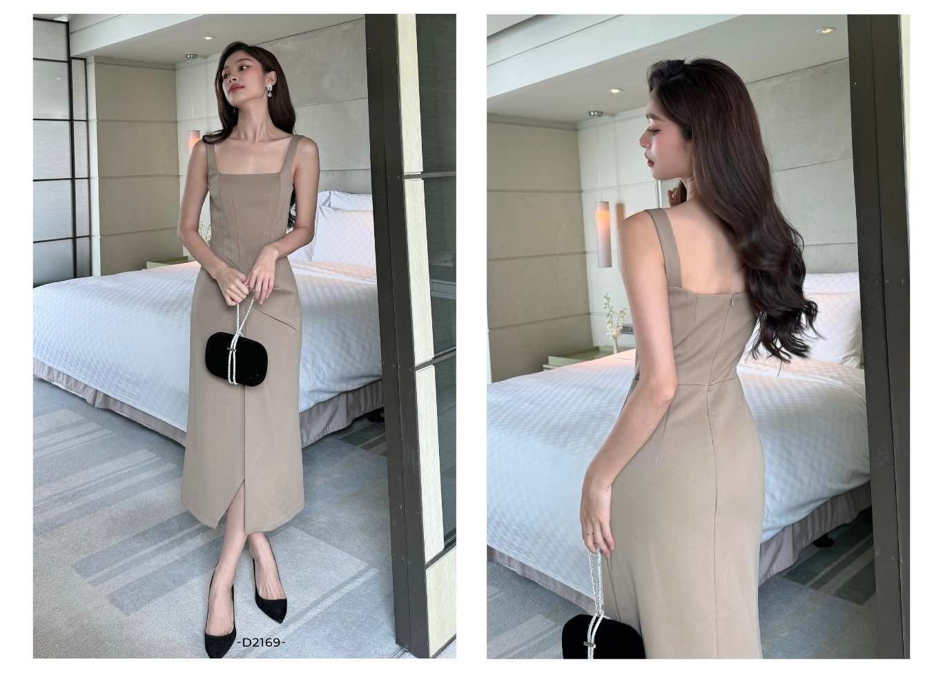 Người mẫu mặc Đầm body 2 dây xếp vải xẻ tà - D2169 màu nude