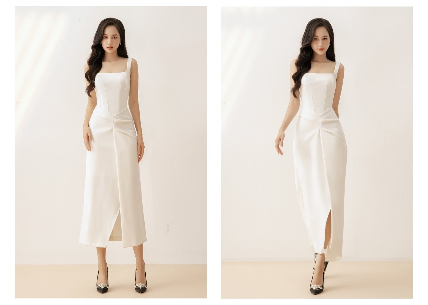 Người mẫu mặc Đầm body 2 dây xếp vải xẻ tà - D2169 màu trắng