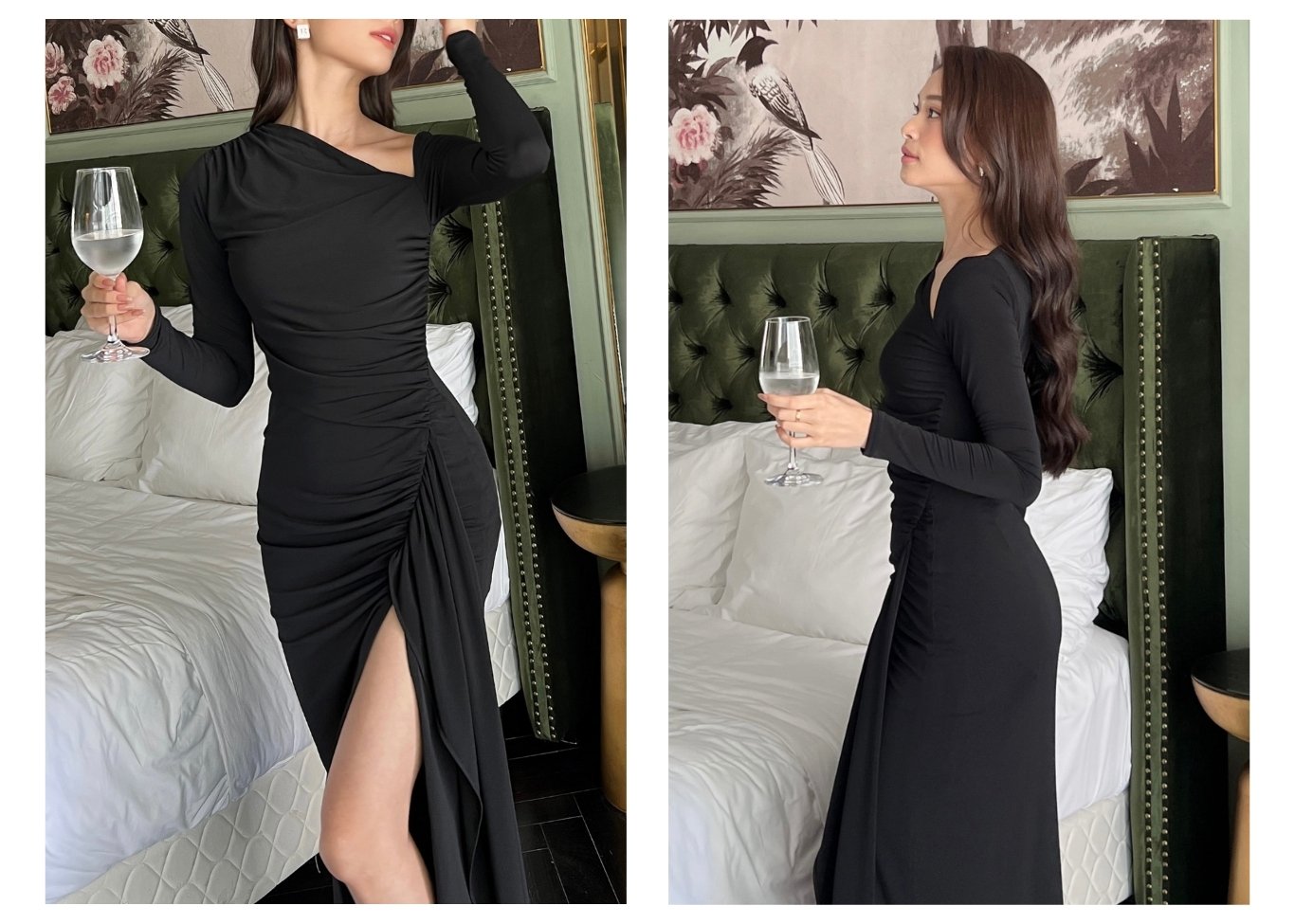 Người mẫu mặc Đầm body dài cổ xéo đắp vạt - D2478 màu đen