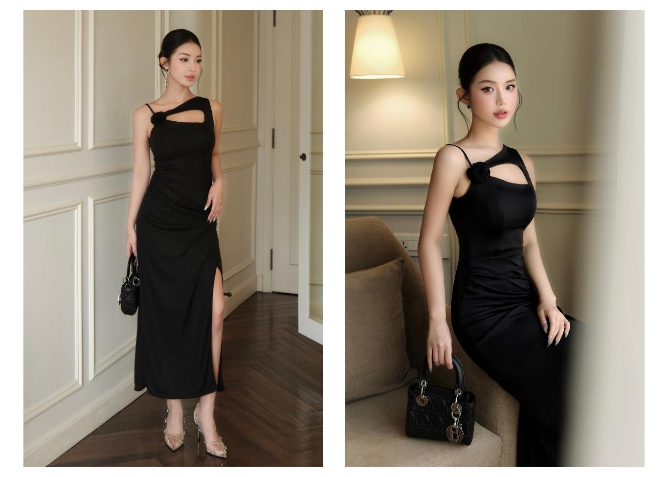 Người mẫu mặc Đầm body dài dự tiệc kết hoa vải - D3597