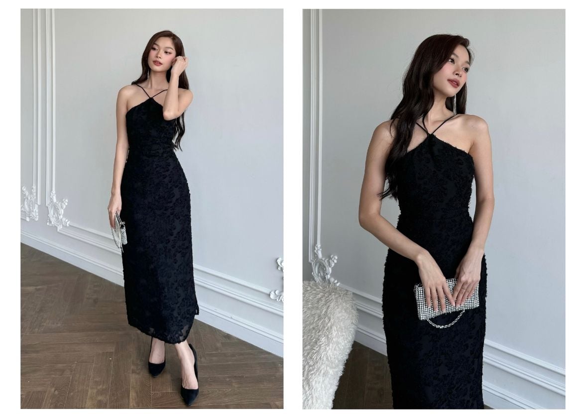 Người mẫu mặc Đầm body dự tiệc voan hoa cổ yếm - D3148