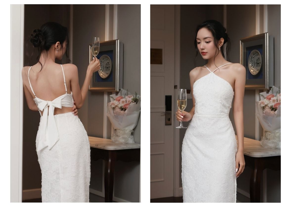 Người mẫu mặc Đầm body dự tiệc voan hoa cổ yếm - D3148
