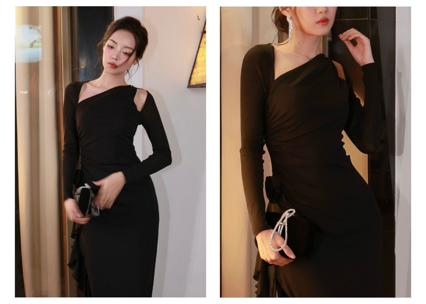 Người mẫu mặc Đầm body dự tiệc xẻ tà - D4104T màu đen