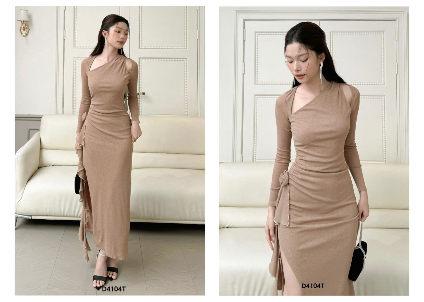 Người mẫu mặc Đầm body dự tiệc xẻ tà - D4104T màu nude