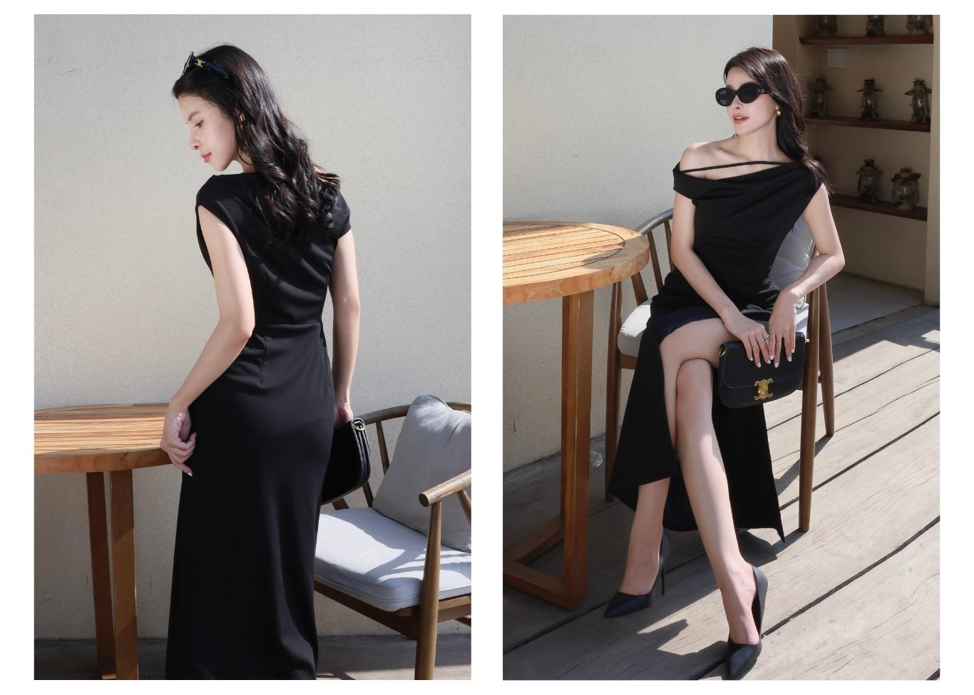 Người mẫu mặc Đầm body trễ vai cổ xéo xẻ tà - D4372A màu đen