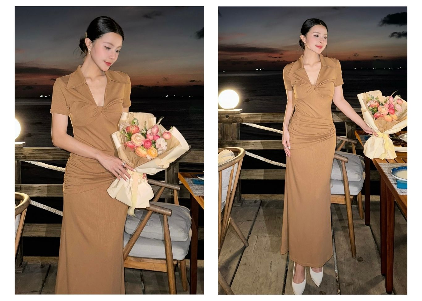 Người mẫu mặc Đầm body xoắn ngực cổ sơ mi - D4342A màu nâu