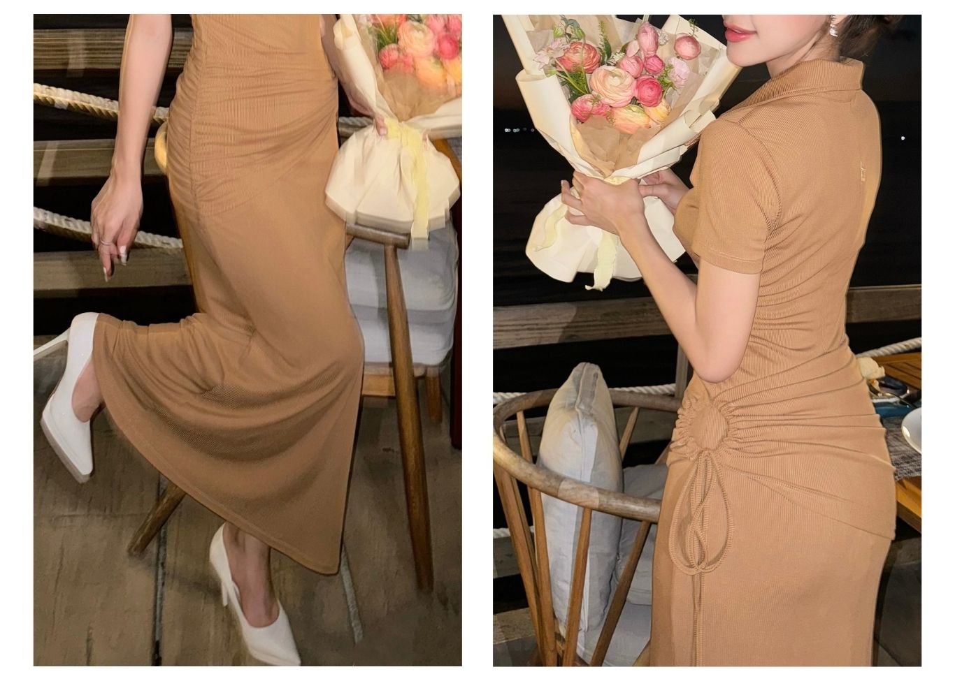 Người mẫu mặc Đầm body xoắn ngực cổ sơ mi - D4342A màu nâu