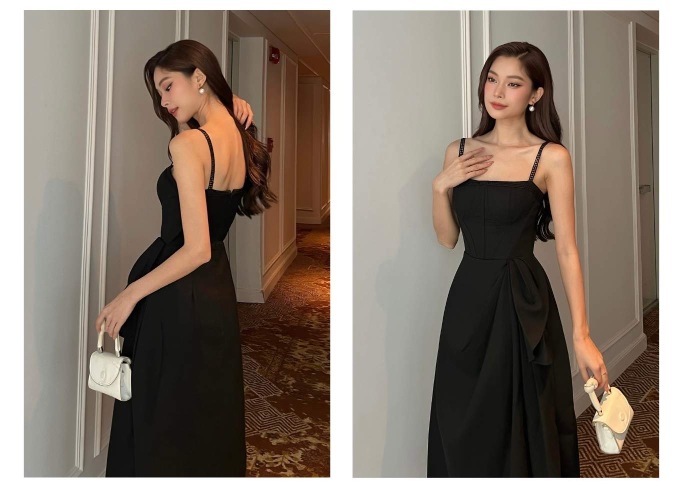 Người mẫu mặc Đầm dài 2 dây cúp ngực viền ren - D2289 màu đen