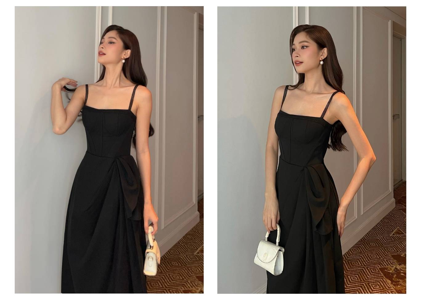 Người mẫu mặc Đầm dài 2 dây cúp ngực viền ren - D2289 màu đen