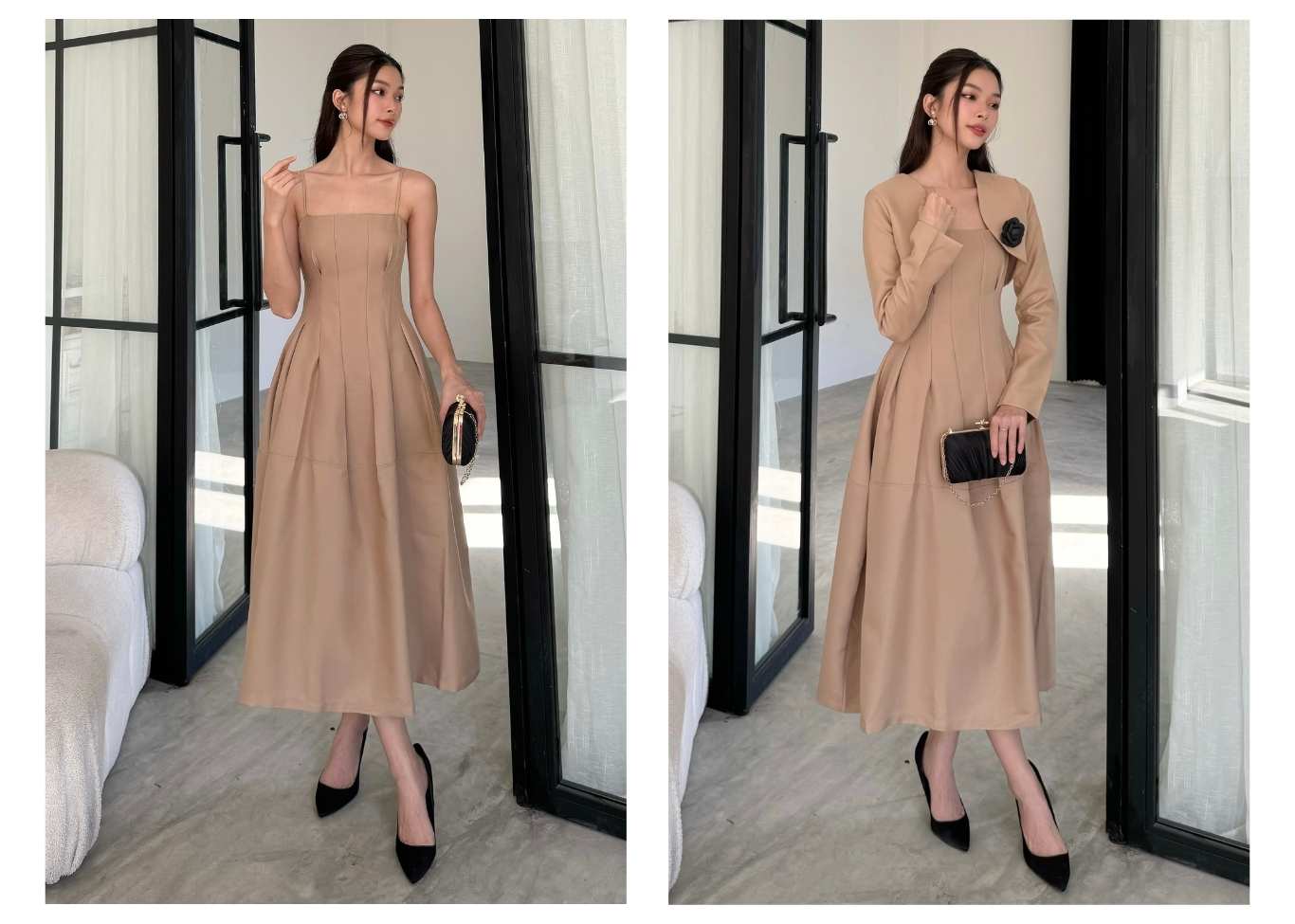 Người mẫu mặc Đầm dài dự tiệc 2 dây xòe phồng - TK133 màu nude