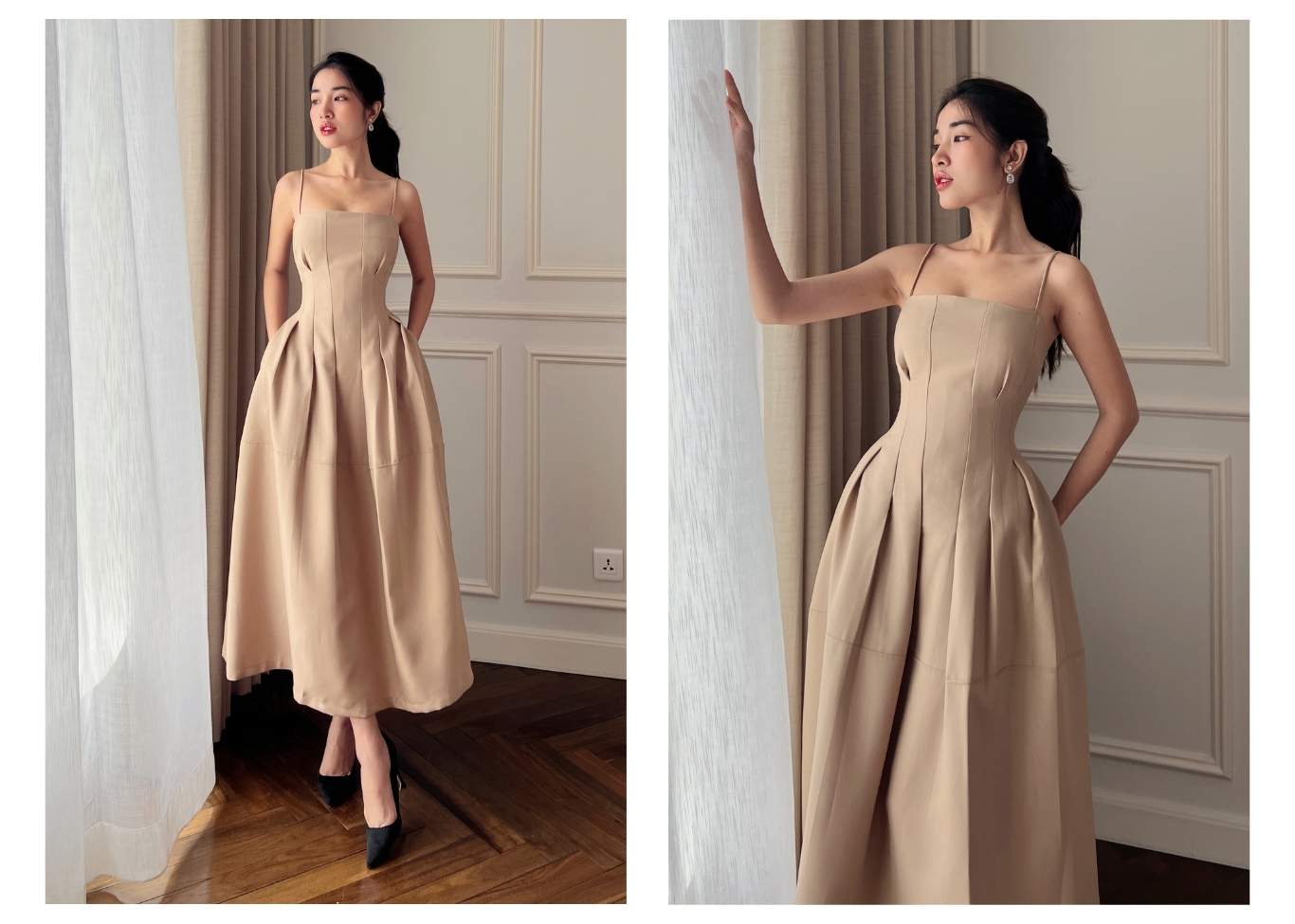 Người mẫu mặc Đầm dài dự tiệc 2 dây xòe phồng - TK133 màu nude