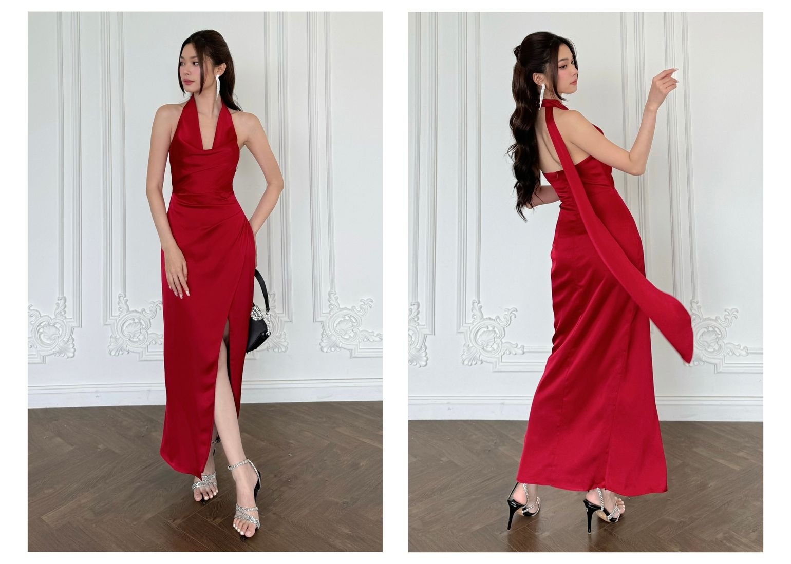 Người mẫu mặc Đầm dài dự tiệc body xẻ tà - D3781T màu đỏ