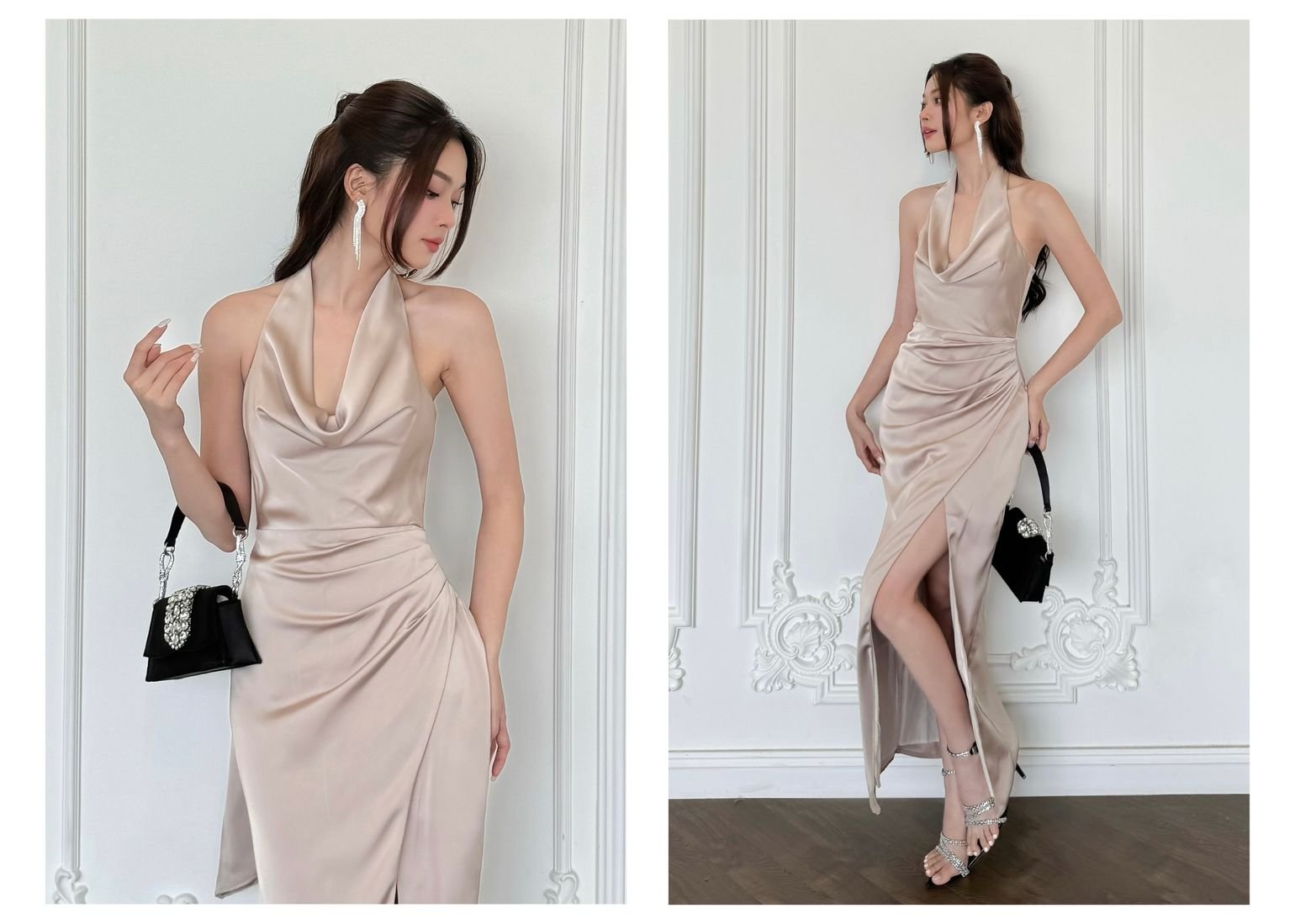 Người mẫu mặc Đầm dài dự tiệc body xẻ tà - D3781T màu nude