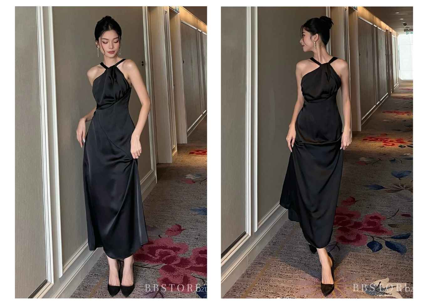 Người mẫu mặc Đầm dài dự tiệc cổ yếm xoắn ngực - D2136 màu đen