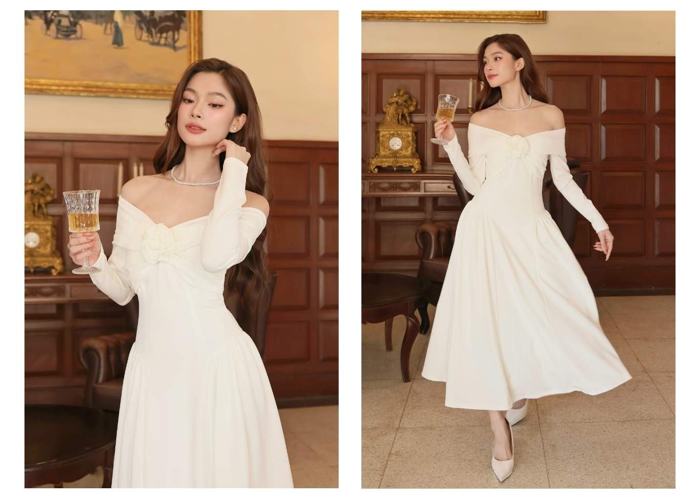 Người mẫu mặc Đầm dài dự tiệc kết hoa vải - D4043B màu trắng