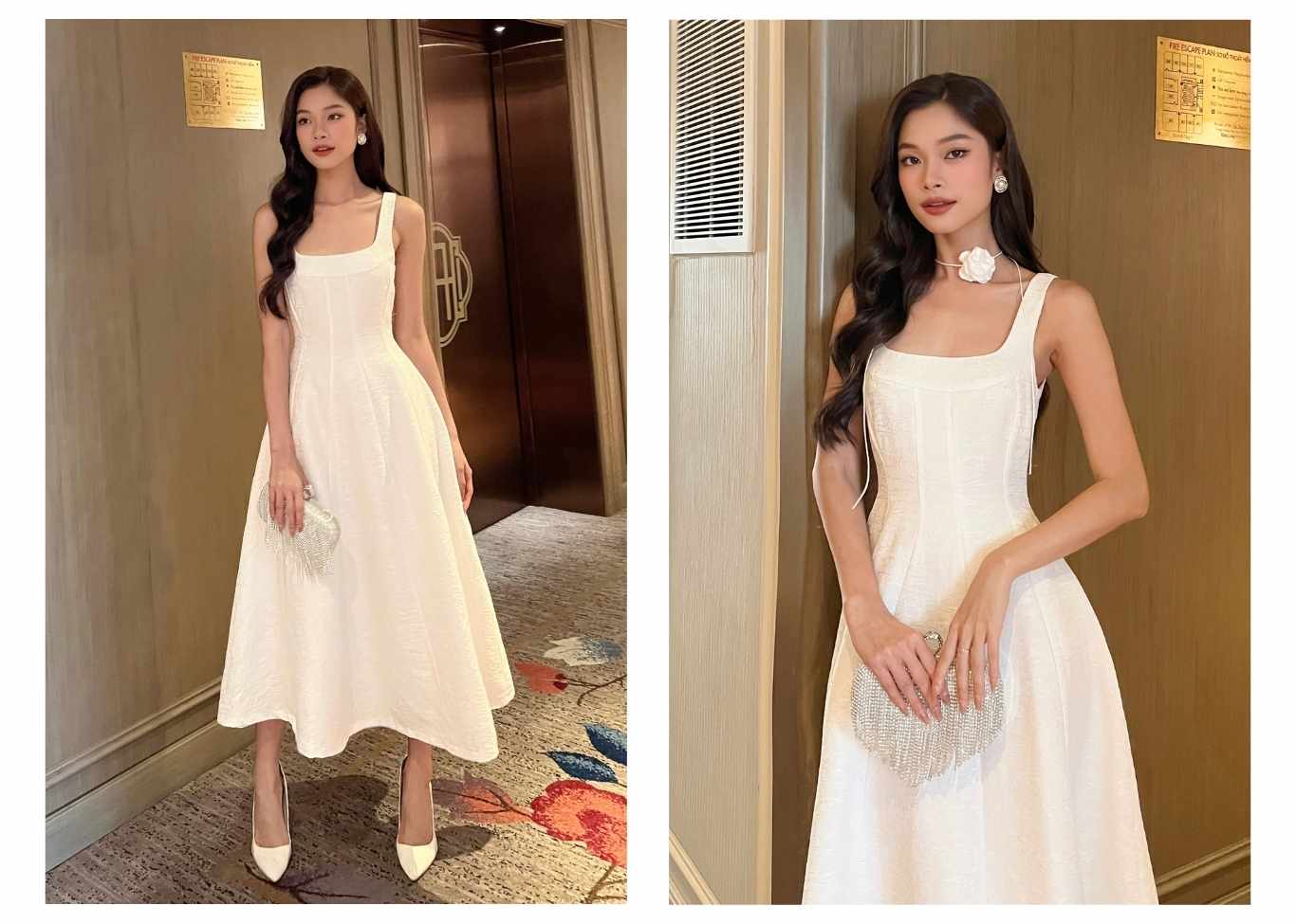 Người mẫu mặc Đầm dài dự tiệc vân đá dáng xòe - D2608 màu trắng