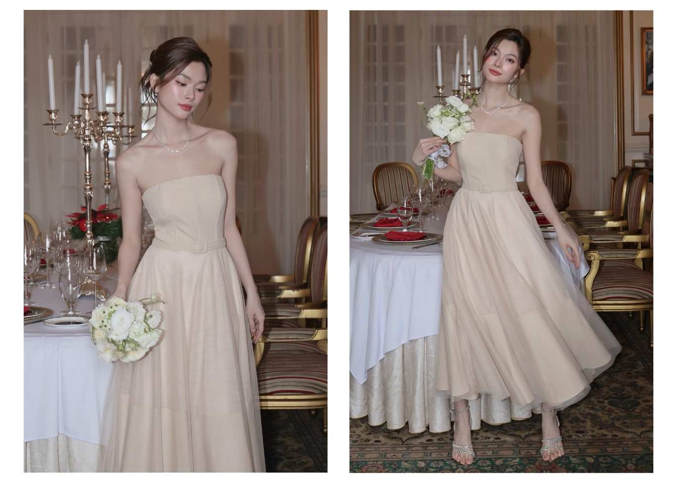Người mẫu mặc Đầm dài dự tiệc xòe phối lưới - D3275 màu nude