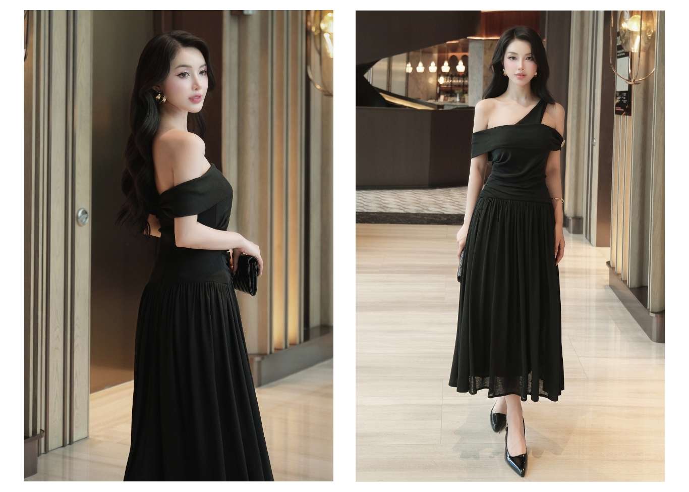 Người mẫu mặc Đầm dài trễ vai tùng váy xếp ly - D4244B màu đen