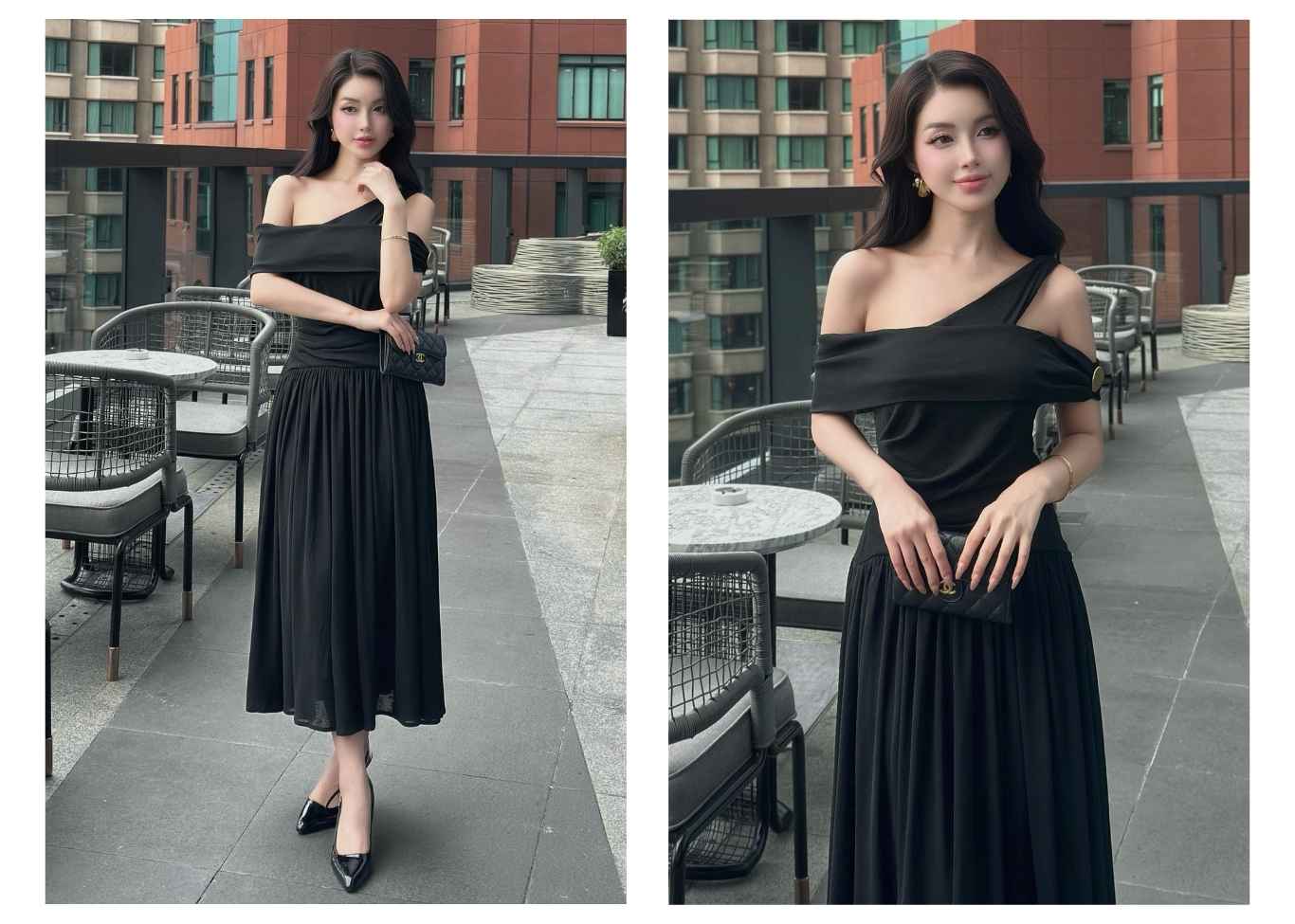 Người mẫu mặc Đầm dài trễ vai tùng váy xếp ly - D4244B màu đen