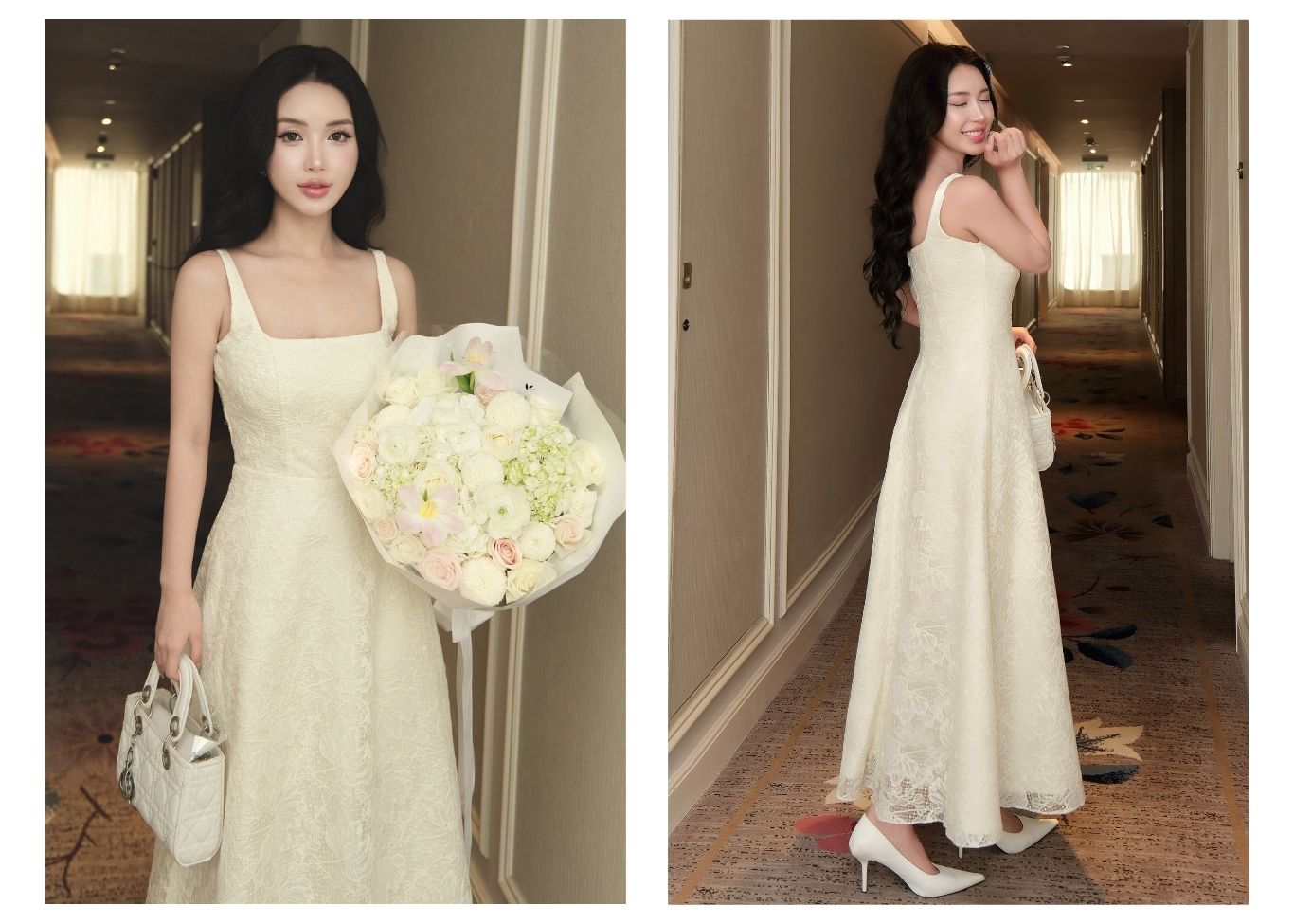 Người mẫu mặc Đầm dài xòe cổ vuông ren hoa - D4160T màu kem